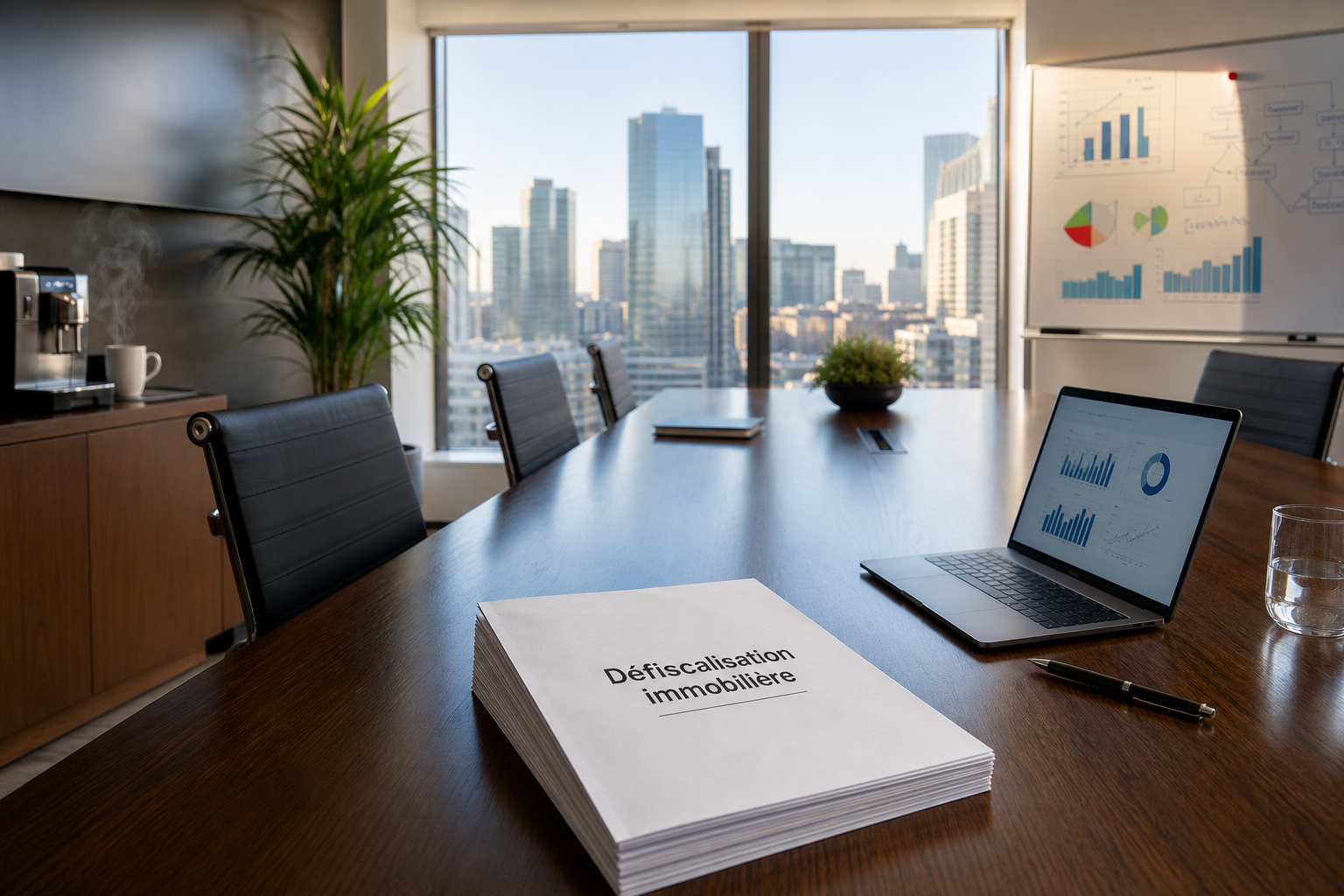 Bureau moderne avec documents financiers et vue sur une skyline urbaine, illustrant la défiscalisation immobilière